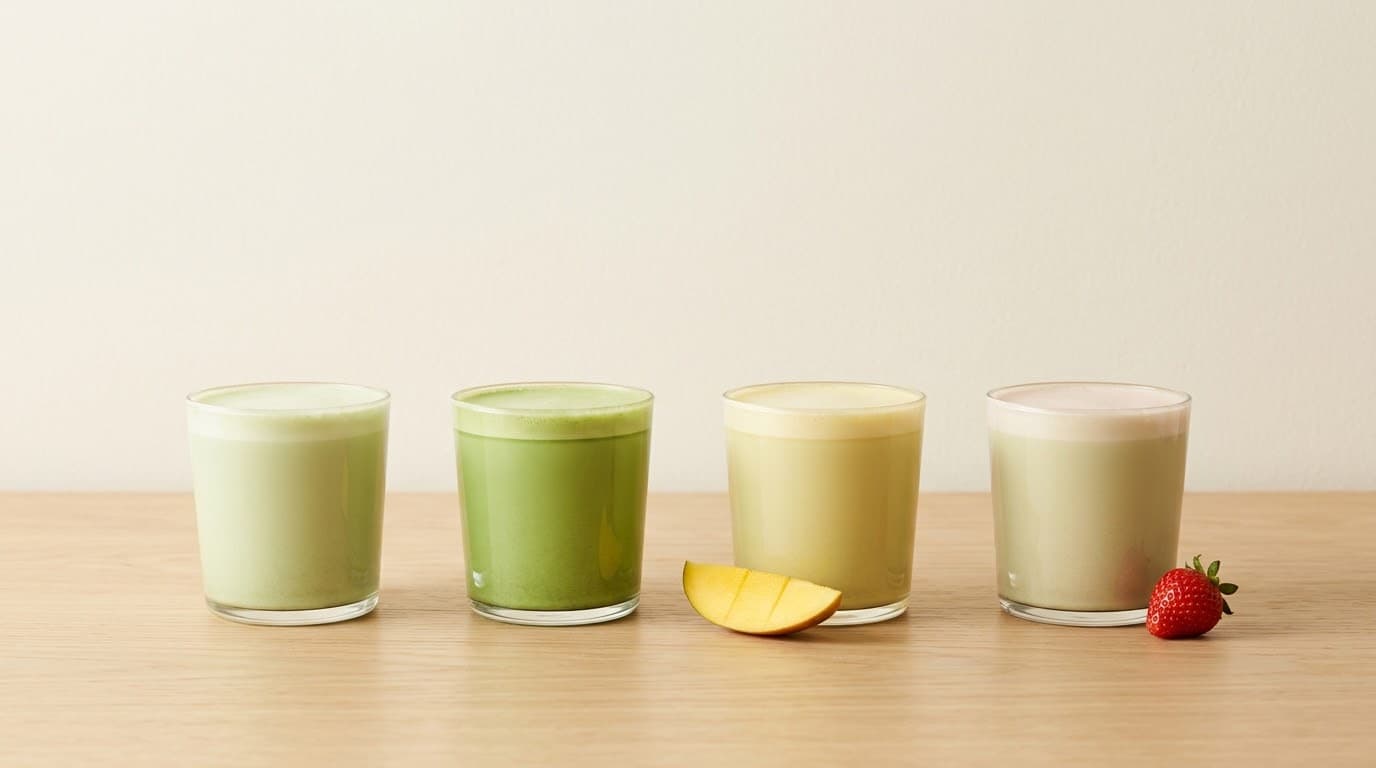 Fire glass med matcha latte på rad: Matcha Latte Klassisk, Matcha Latte Premium, Mangomatcha og Jordbærmatcha